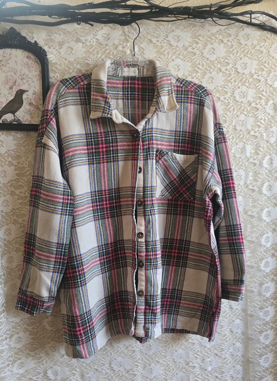 Maurices Cabin Plaid Flannel Boyfriend Shirt Shacket Cream Red Green [XL]